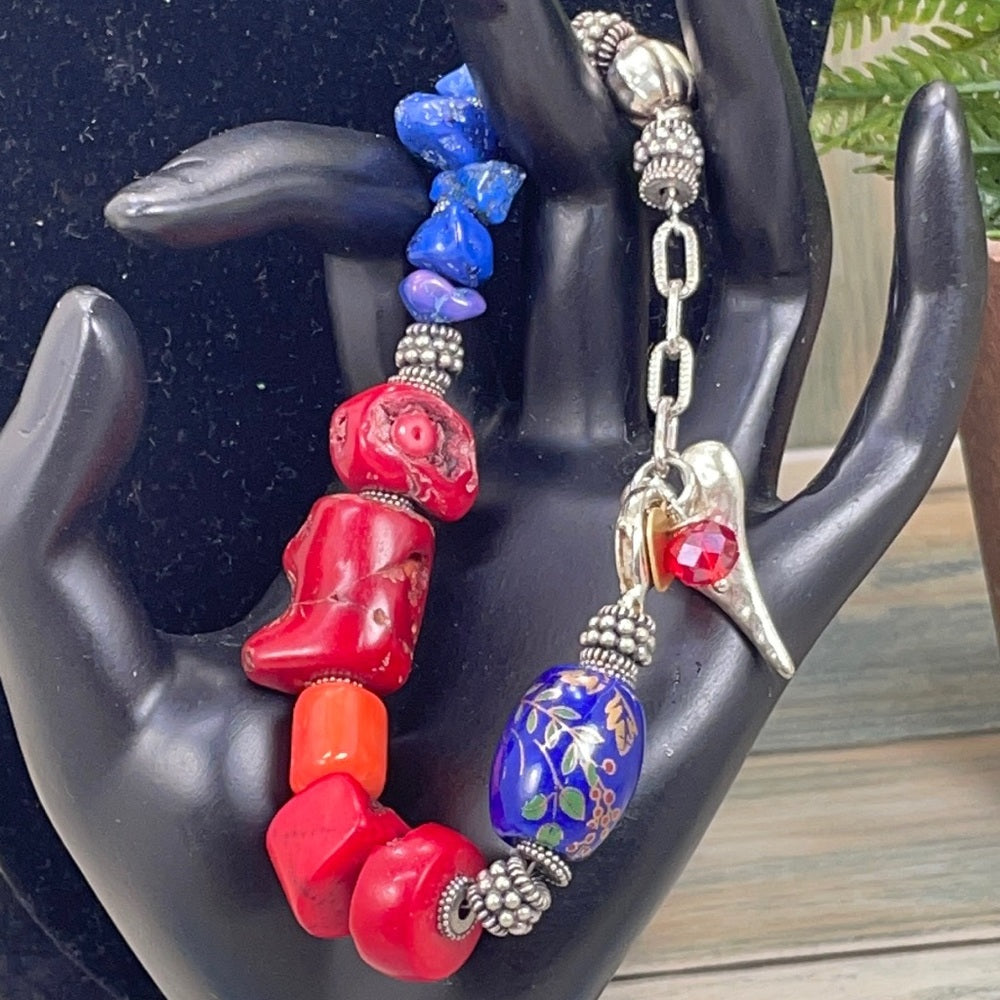 Adorned Crown Artisan assemblage coral stone Hammered Heart Charm bracelet