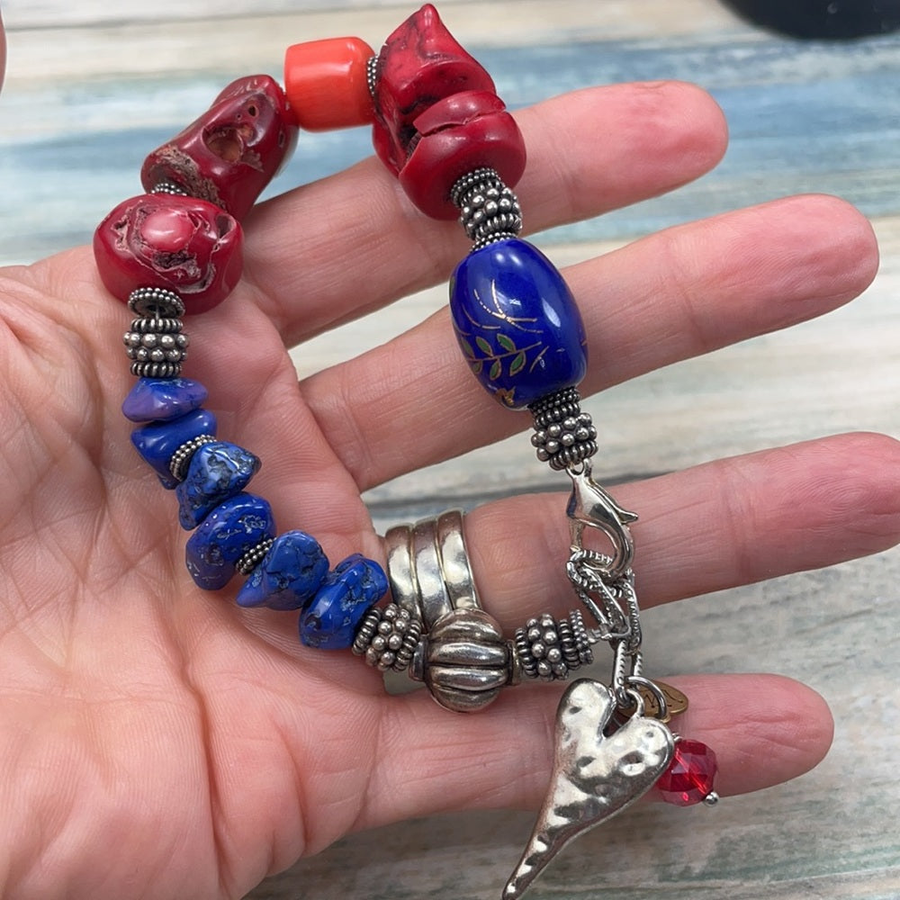 Adorned Crown Artisan assemblage coral stone Hammered Heart Charm bracelet