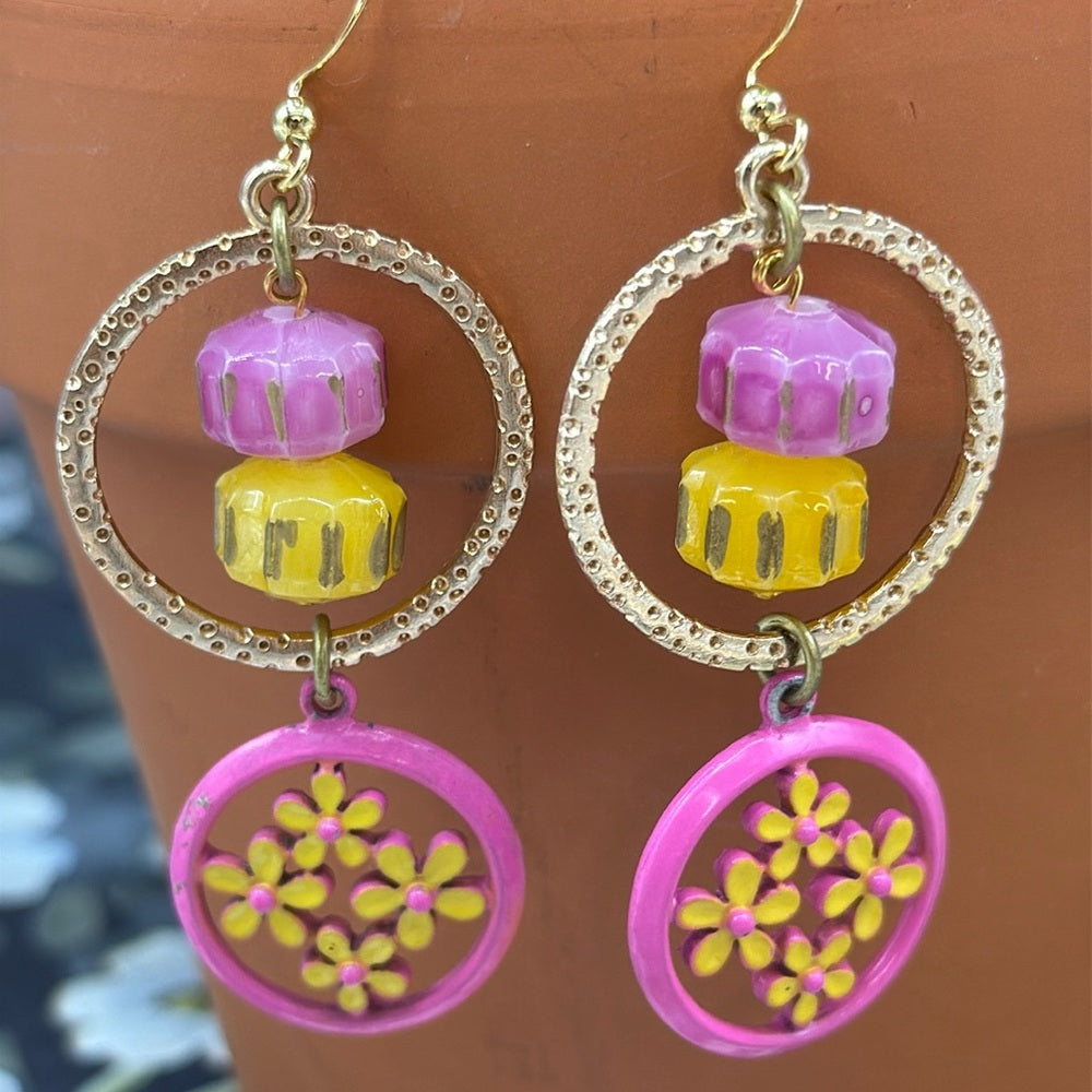 Adorned Crown pink and yellow flower circle bead earrings