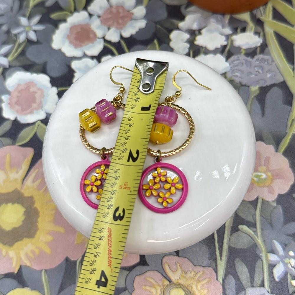 Adorned Crown pink and yellow flower circle bead earrings