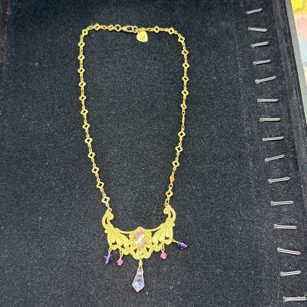 Adorned Crown Jewelry assemblage petite filigree pink purple crystal necklace