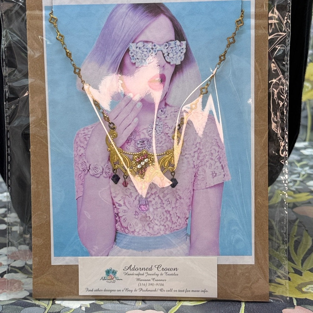 Adorned Crown Jewelry assemblage petite filigree pink purple crystal necklace