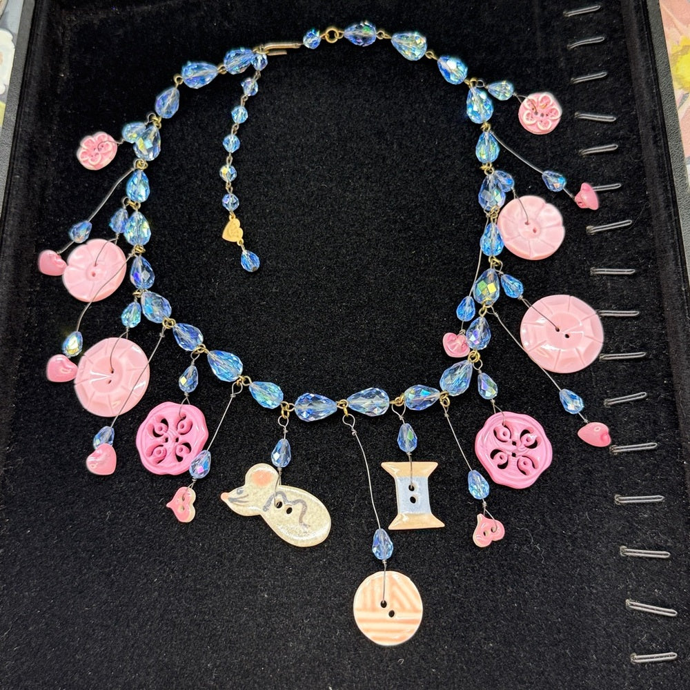 Adorned Crown Jewelry assemblage vintage button crystal Cinderella necklace