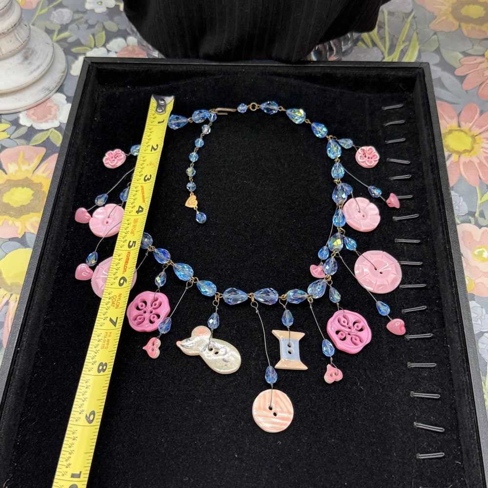 Adorned Crown Jewelry assemblage vintage button crystal Cinderella necklace