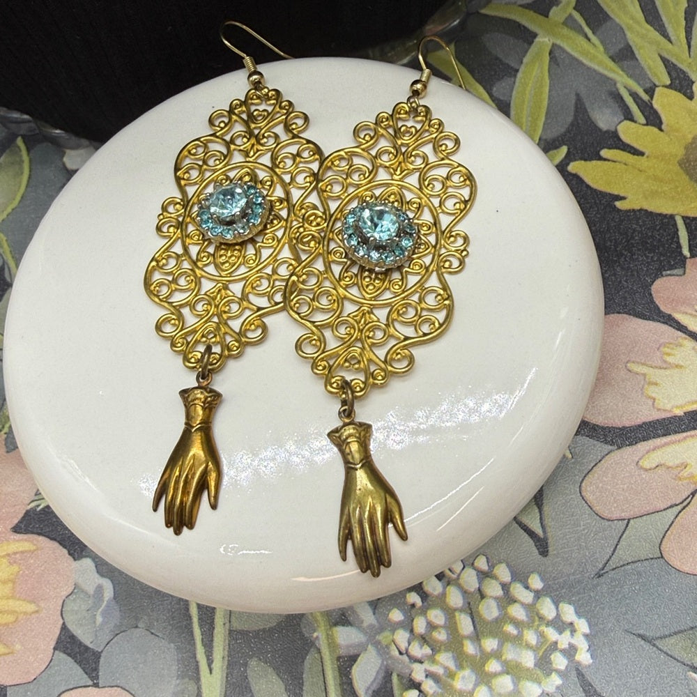 Adorned Crown Jewelry assemblage blue rhinestone hand filigree earrings