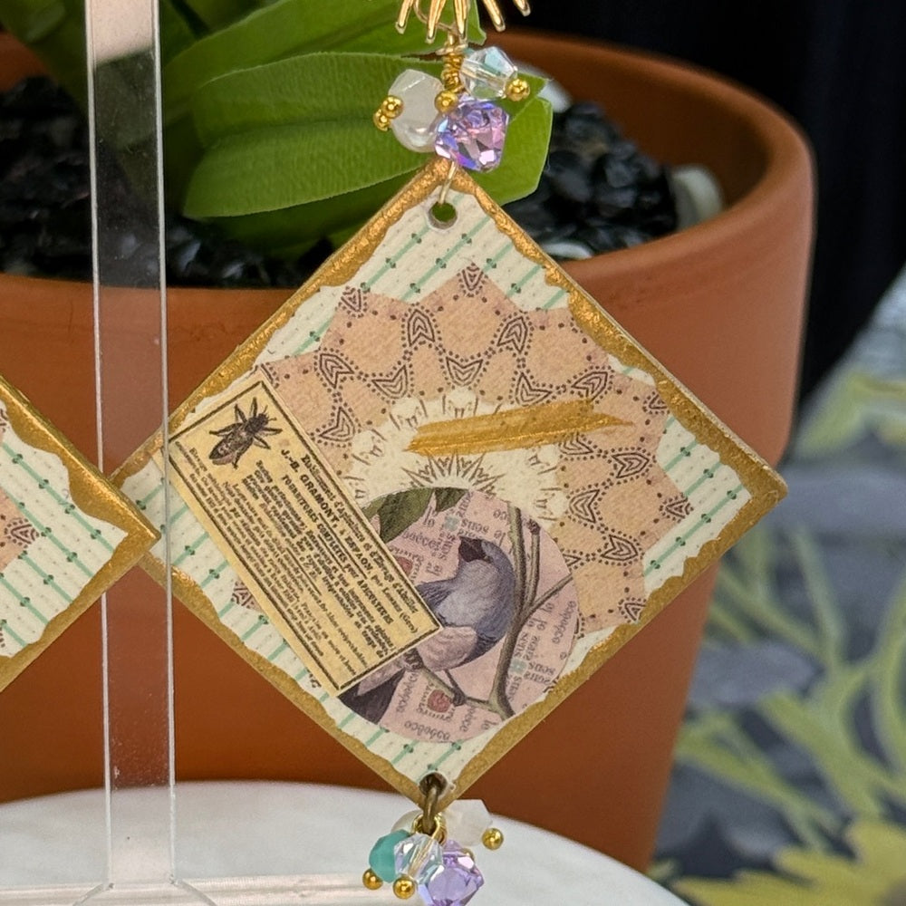 Adorned Crown Jewelry assemblage purple nature wood collage post earrings