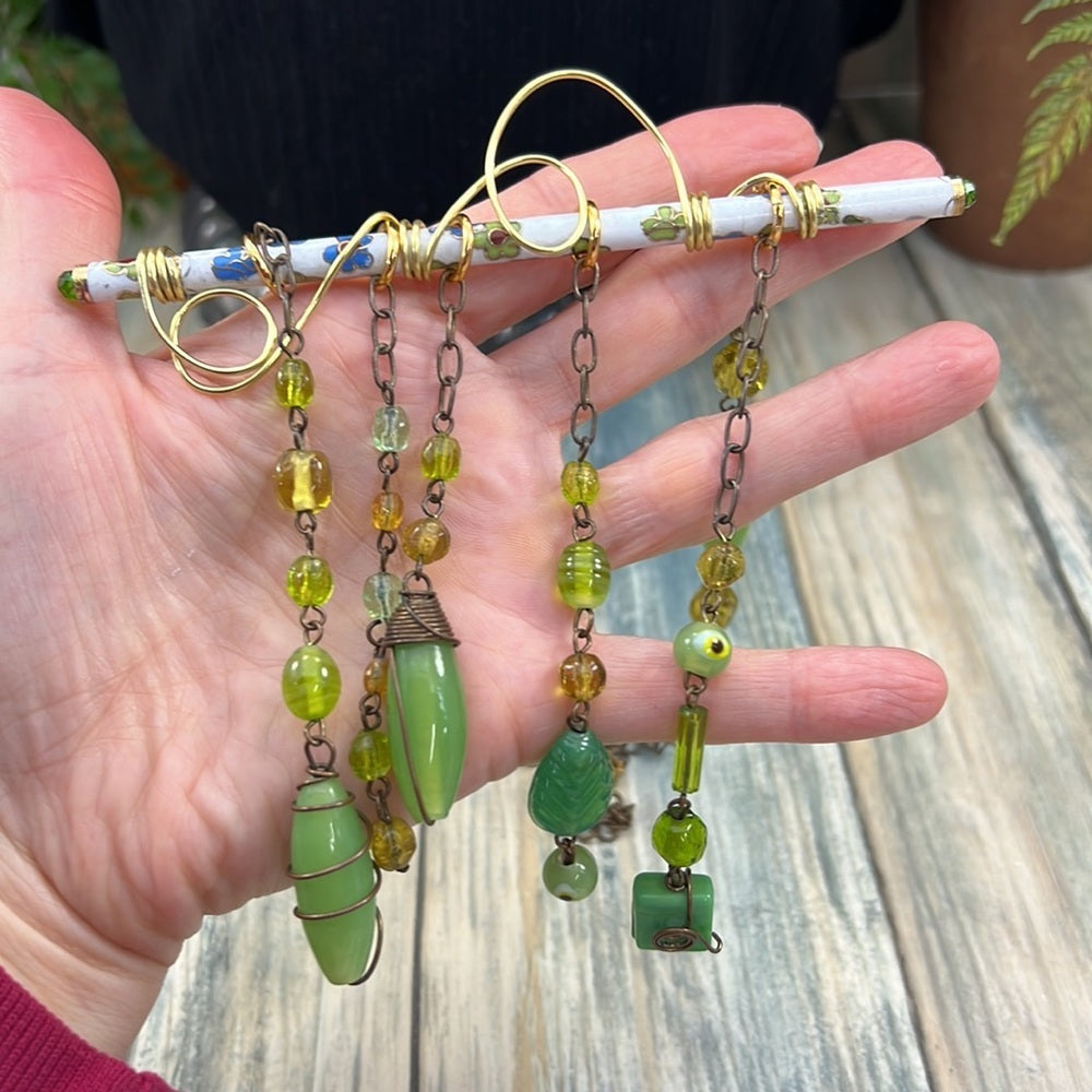 Adorned Crown Artisan Assemblage cloisonné bar green bead drop necklace