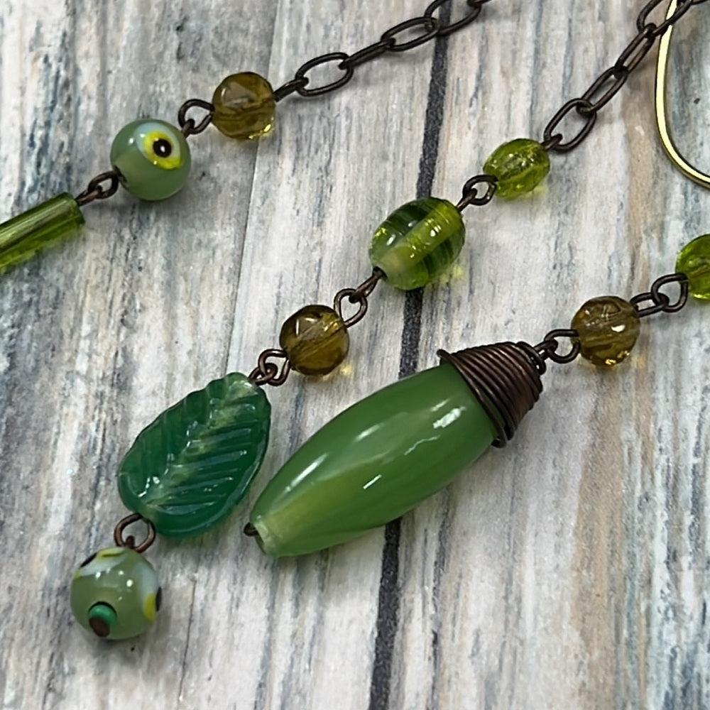 Adorned Crown Artisan Assemblage cloisonné bar green bead drop necklace