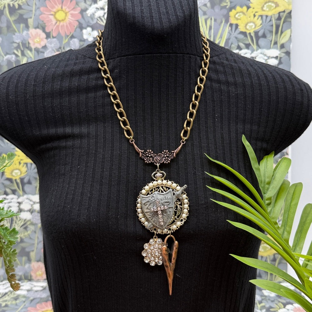 Adorned Crown Jewelry assemblage mix metal shield cross heart necklace