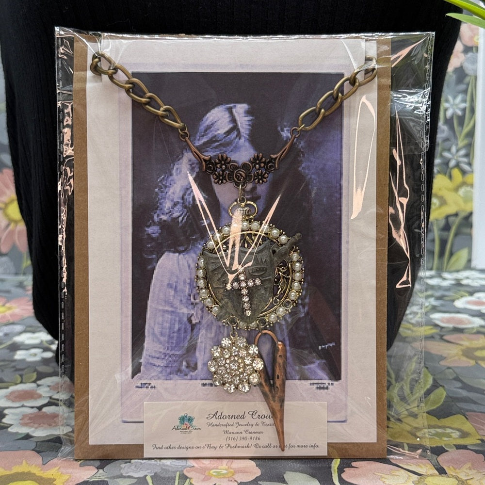 Adorned Crown Jewelry assemblage mix metal shield cross heart necklace