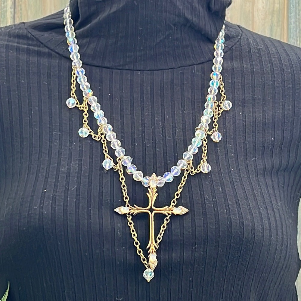 Adorned Crown necklace aurora borealis crystals cross artisan assemblage