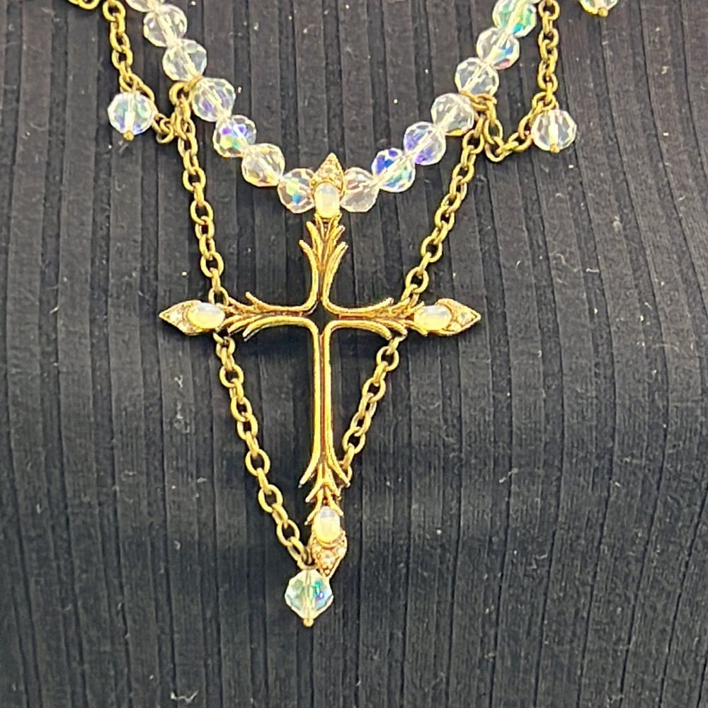 Adorned Crown necklace aurora borealis crystals cross artisan assemblage