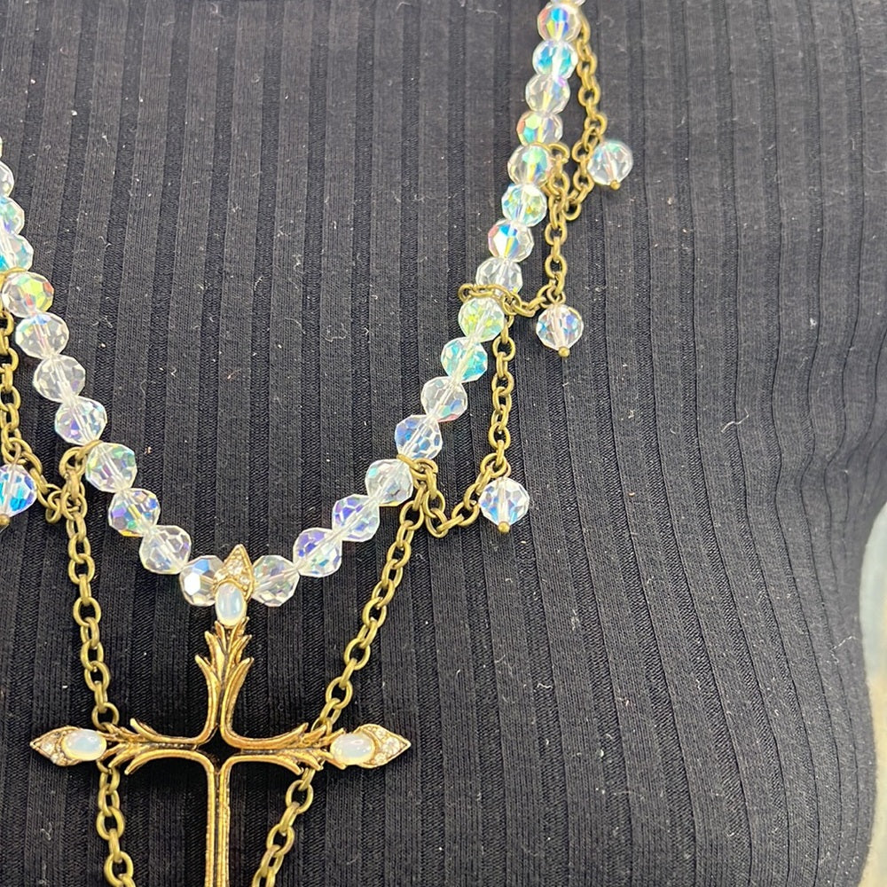 Adorned Crown necklace aurora borealis crystals cross artisan assemblage