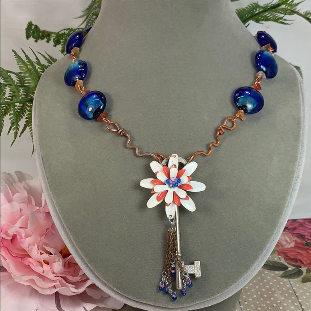 Adorned Crown artisan assemblage skeleton key enamel flower bead necklace
