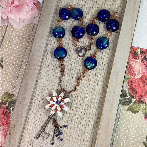 Adorned Crown artisan assemblage skeleton key enamel flower bead necklace