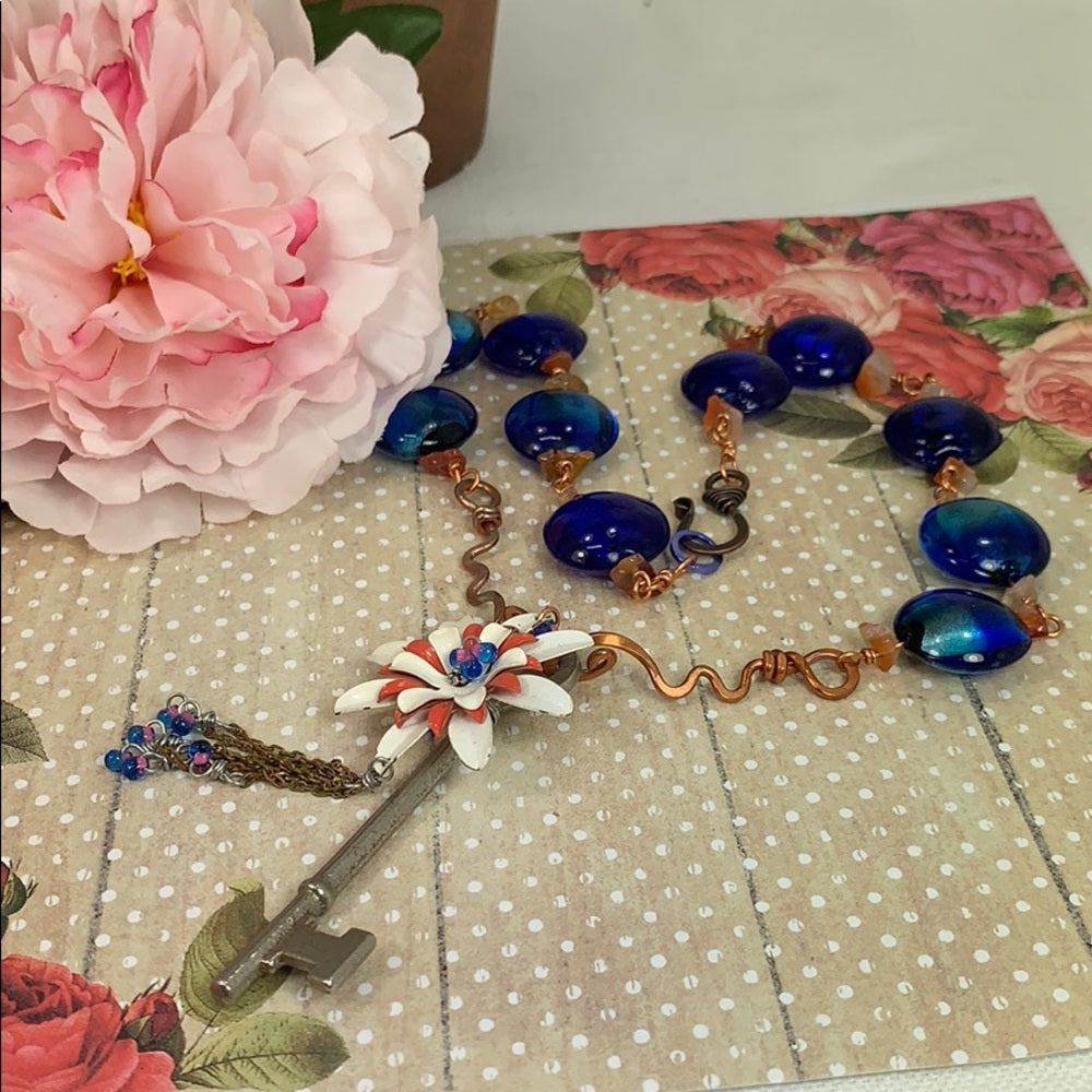 Adorned Crown artisan assemblage skeleton key enamel flower bead necklace