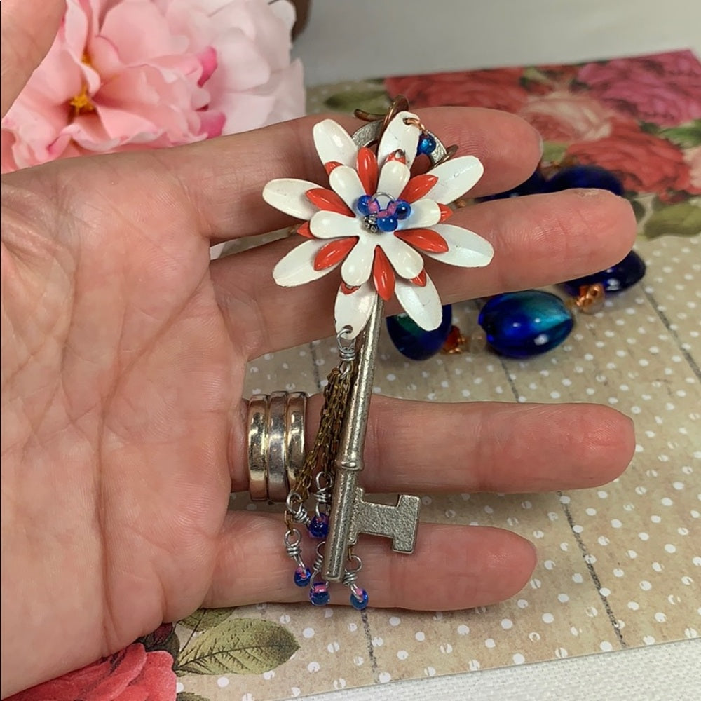 Adorned Crown artisan assemblage skeleton key enamel flower bead necklace