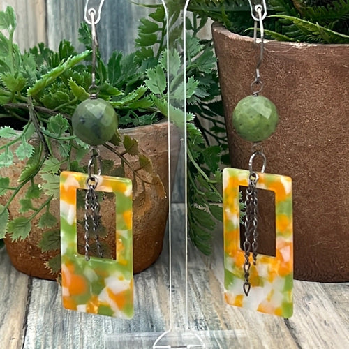 Adorned Crown Artisan Assemblage jade and acrylic rectangle earrings