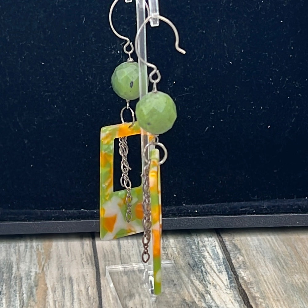 Adorned Crown Artisan Assemblage jade and acrylic rectangle earrings
