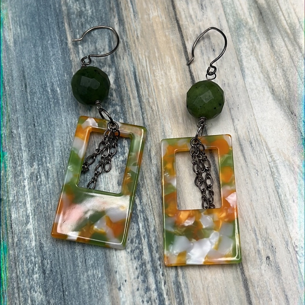 Adorned Crown Artisan Assemblage jade and acrylic rectangle earrings