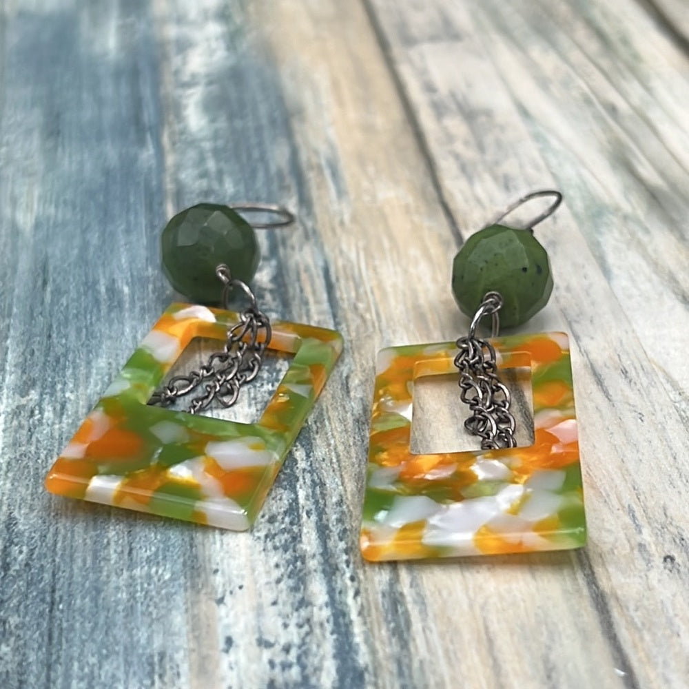 Adorned Crown Artisan Assemblage jade and acrylic rectangle earrings