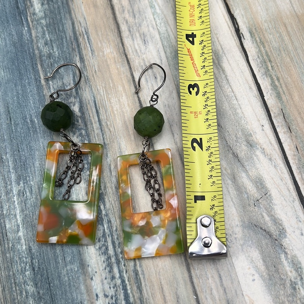 Adorned Crown Artisan Assemblage jade and acrylic rectangle earrings