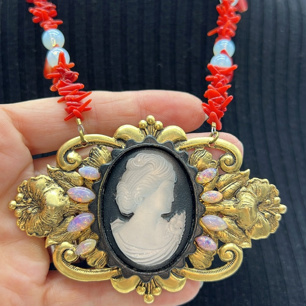 Adorned Crown Jewelry cameo art nouveau opal coral moonstone necklace