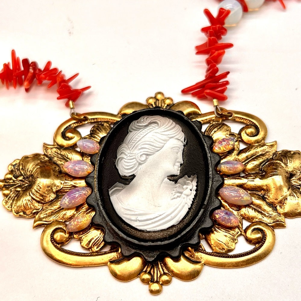 Adorned Crown Jewelry cameo art nouveau opal coral moonstone necklace