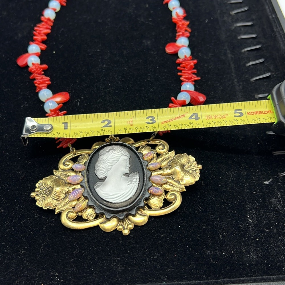 Adorned Crown Jewelry cameo art nouveau opal coral moonstone necklace