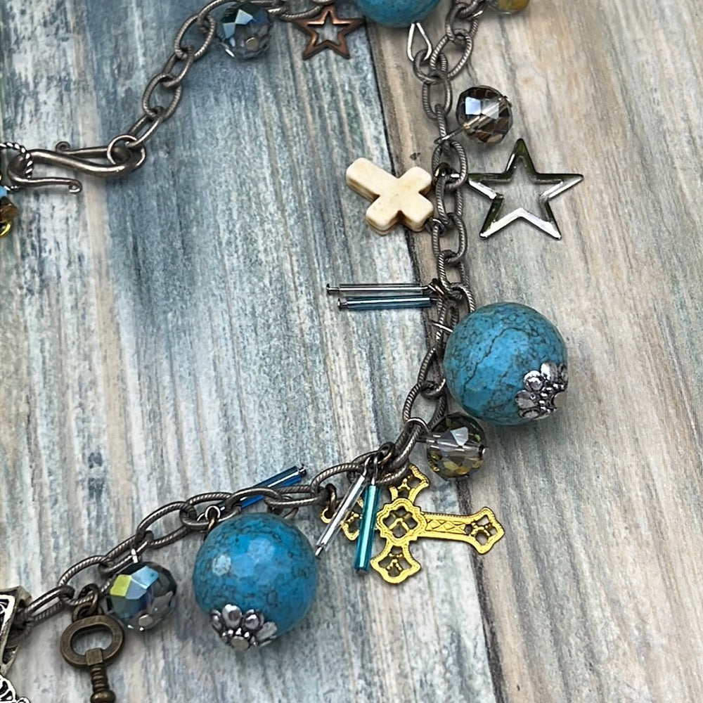 Adorned Crown cowgirl collection turquoise cross key Star charm necklace