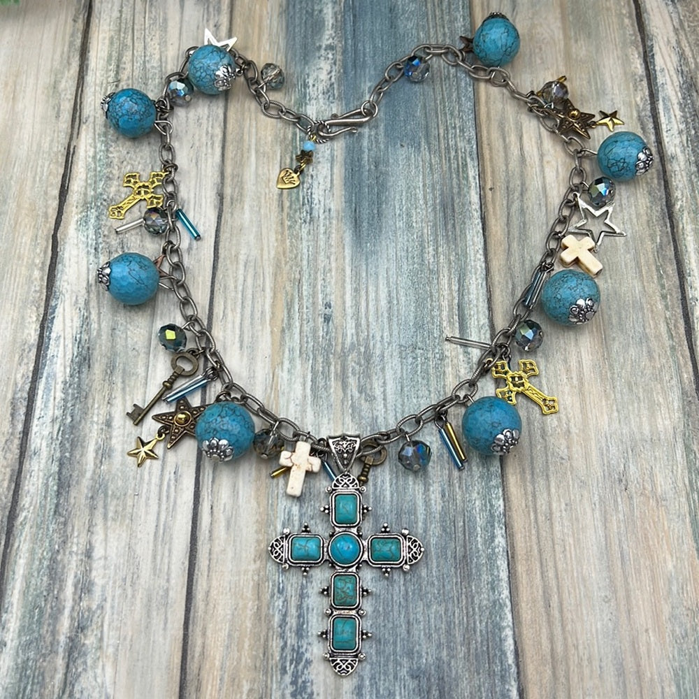 Adorned Crown cowgirl collection turquoise cross key Star charm necklace