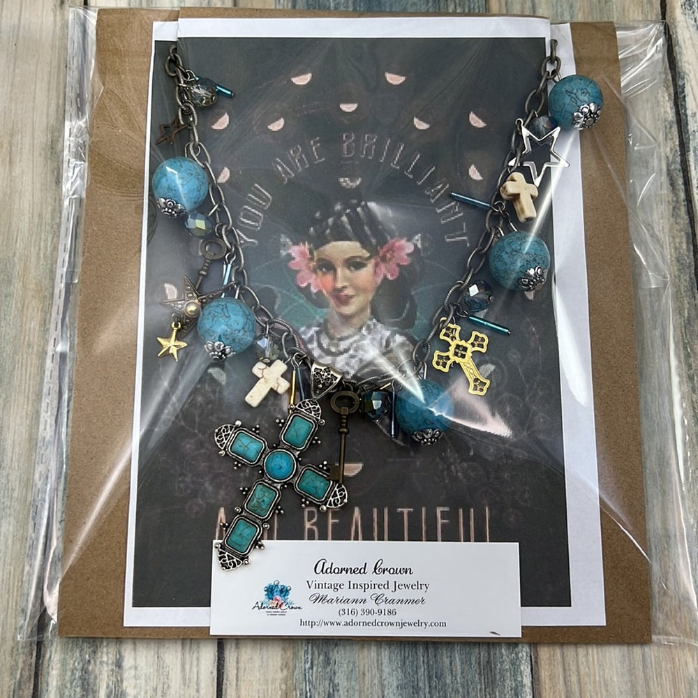 Adorned Crown cowgirl collection turquoise cross key Star charm necklace