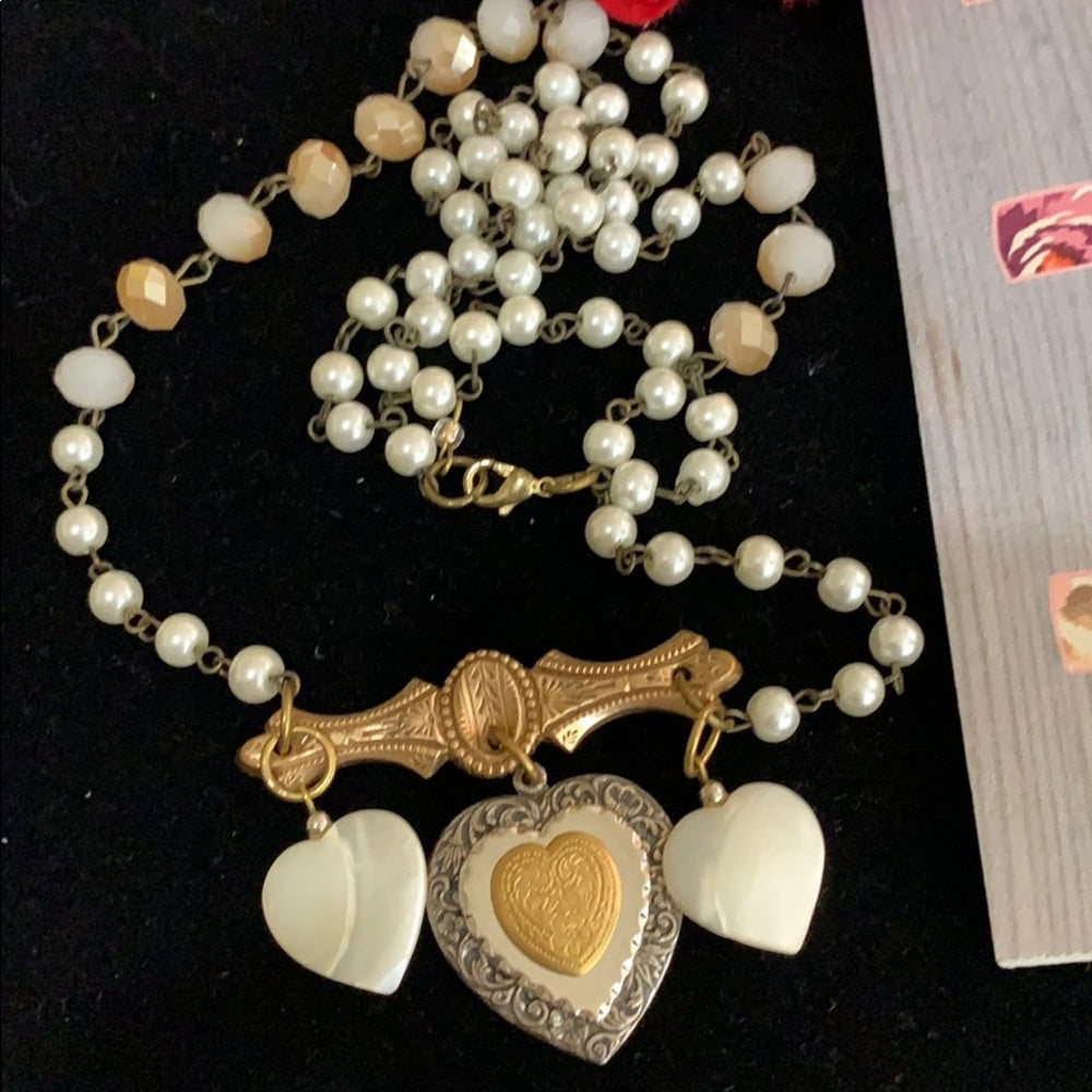 Adorned Crown artisan assemblage shell vintage heart glass bead necklace