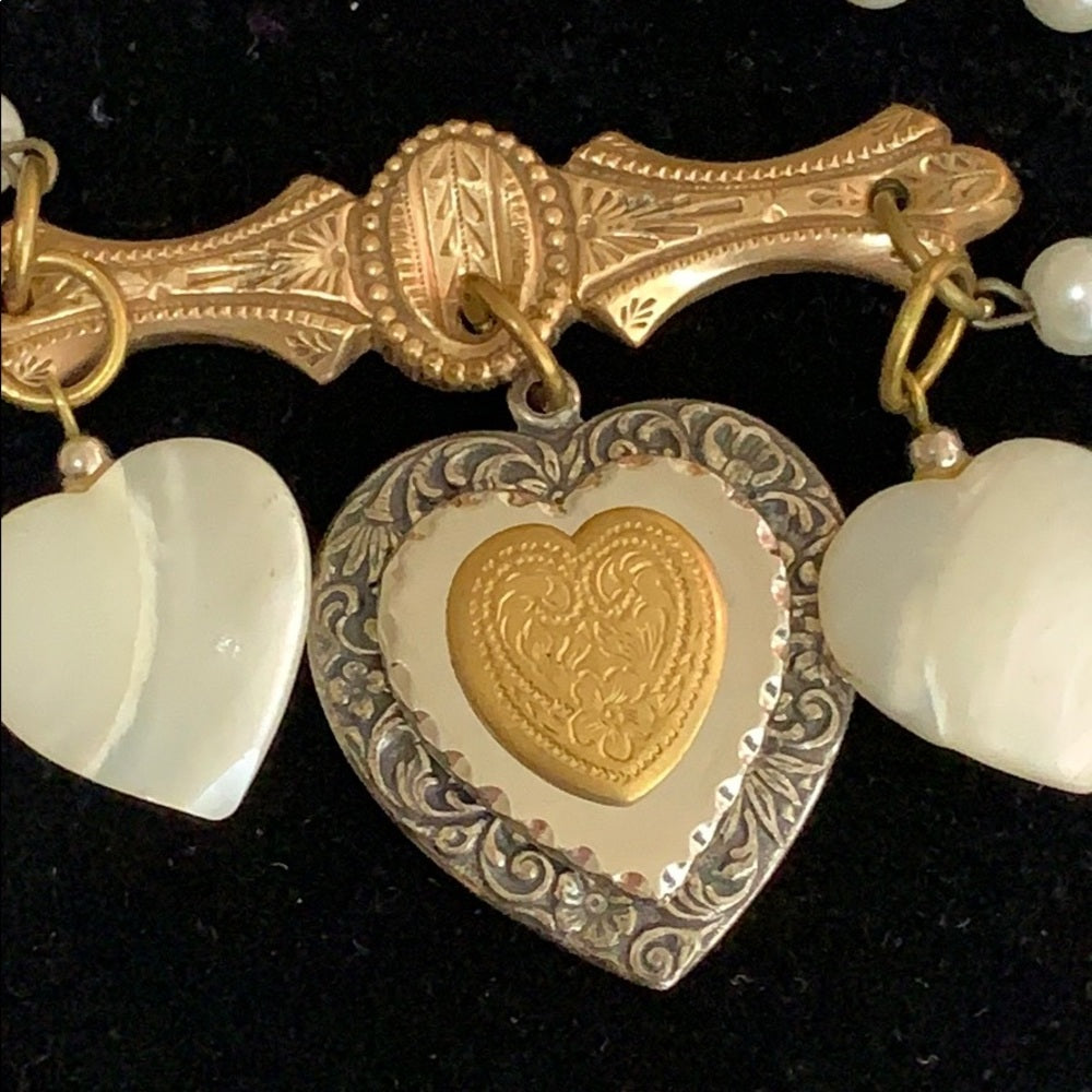 Adorned Crown artisan assemblage shell vintage heart glass bead necklace