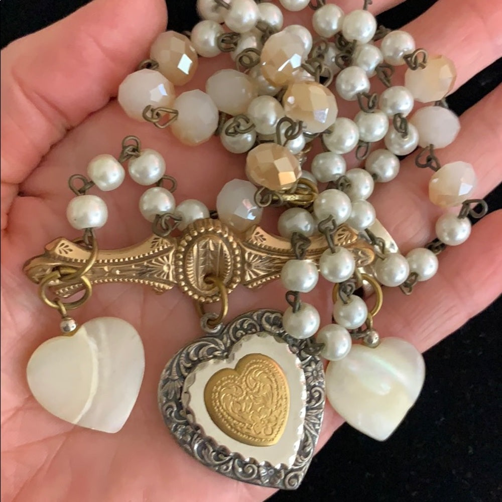 Adorned Crown artisan assemblage shell vintage heart glass bead necklace