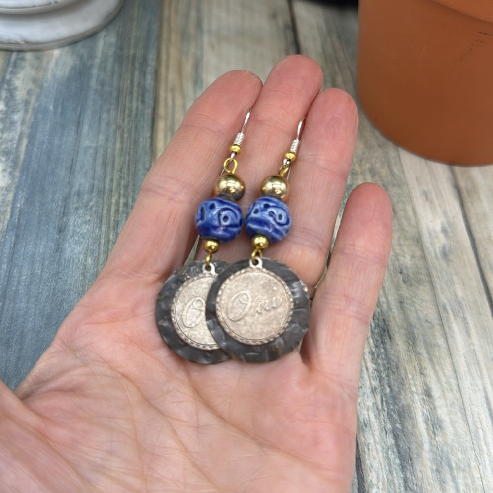 Adorned Crown Jewelry assemblage French oui blue ceramic bead earrings