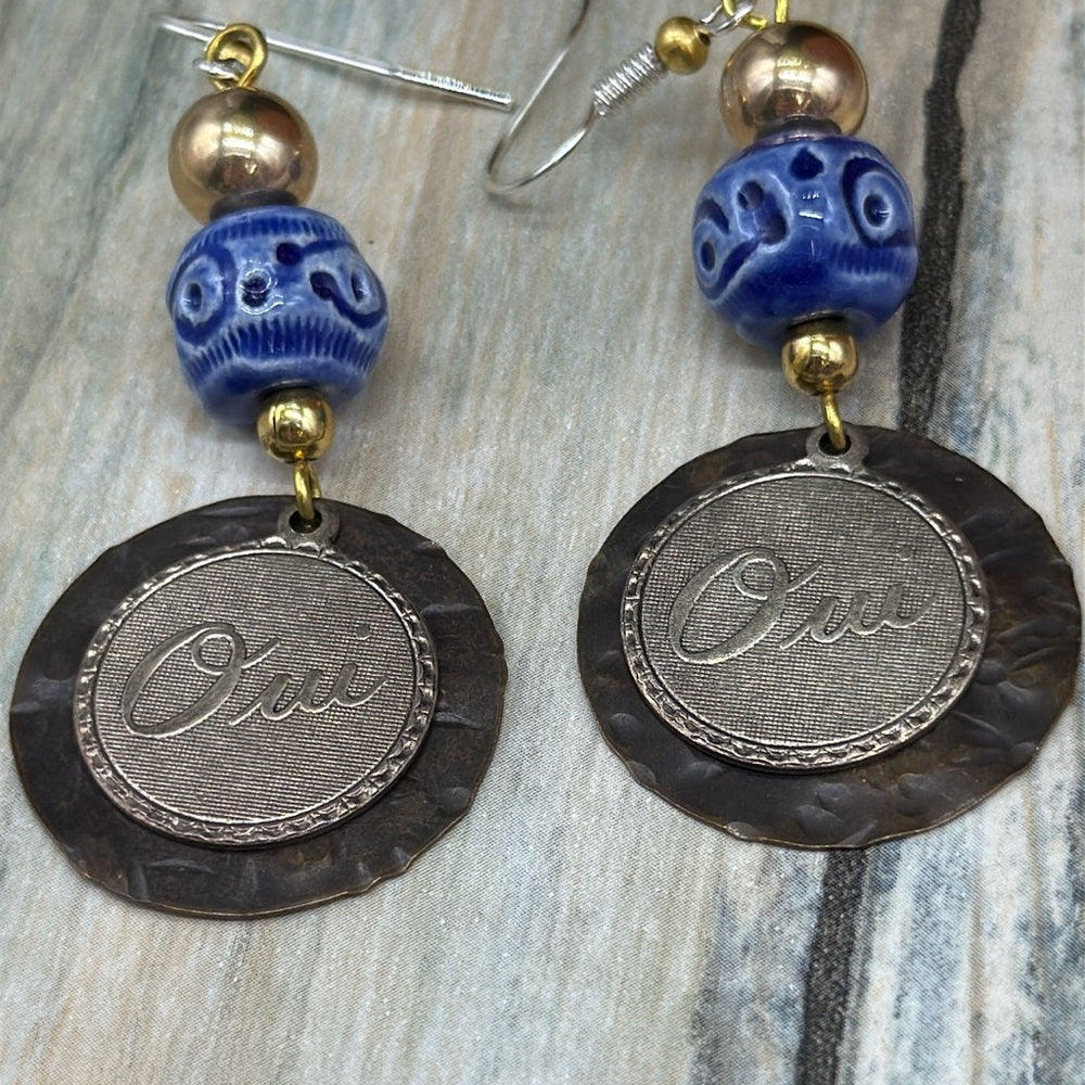 Adorned Crown Jewelry assemblage French oui blue ceramic bead earrings