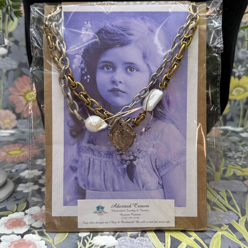 Adorned Crown Jewelry assemblage double chain baroque pearl cross necklace