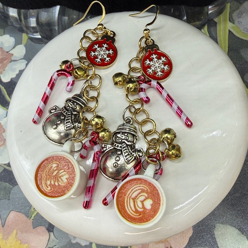 Adorned Crown Jewelry assemblage snowman candy cane cocoa earrings