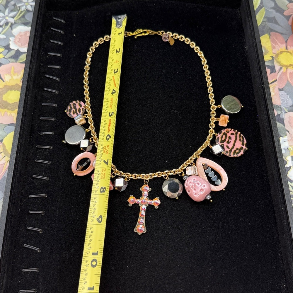 Adorned Crown Jewelry assemblage pink rhinestone cross charm necklace
