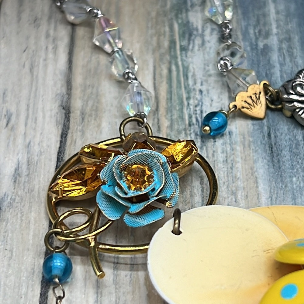 Adorned Crown Jewelry artisan assemblage enamel flower bib beaded necklace