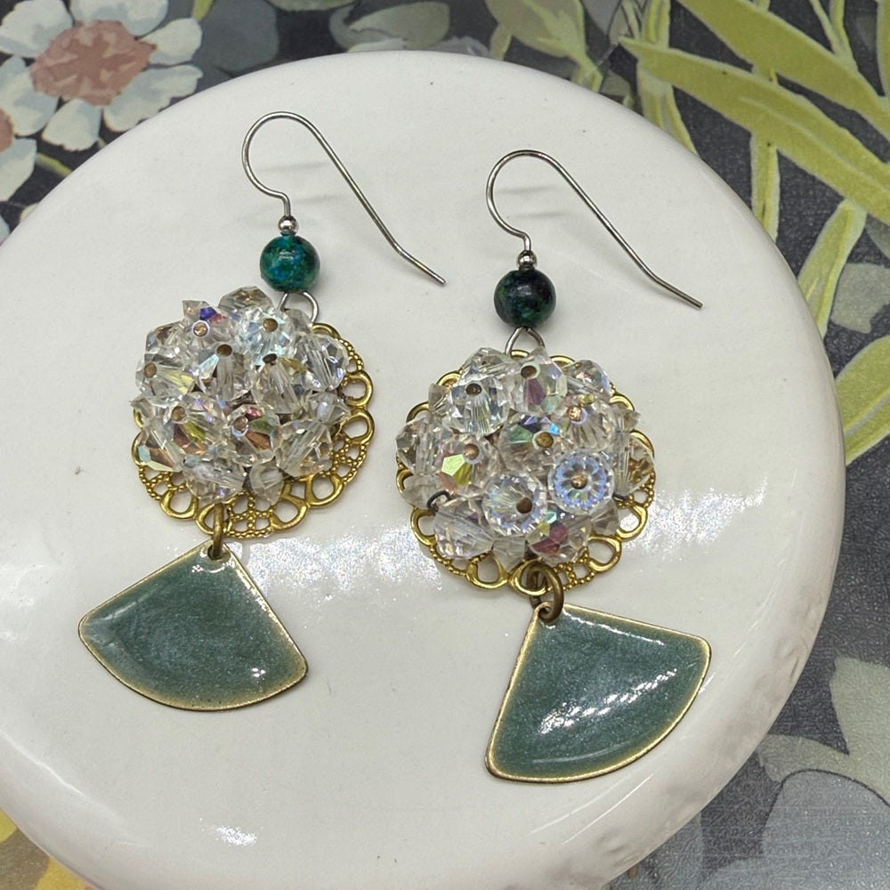 Adorned Crown Jewelry assemblage crystal on filigree green dangle earrings
