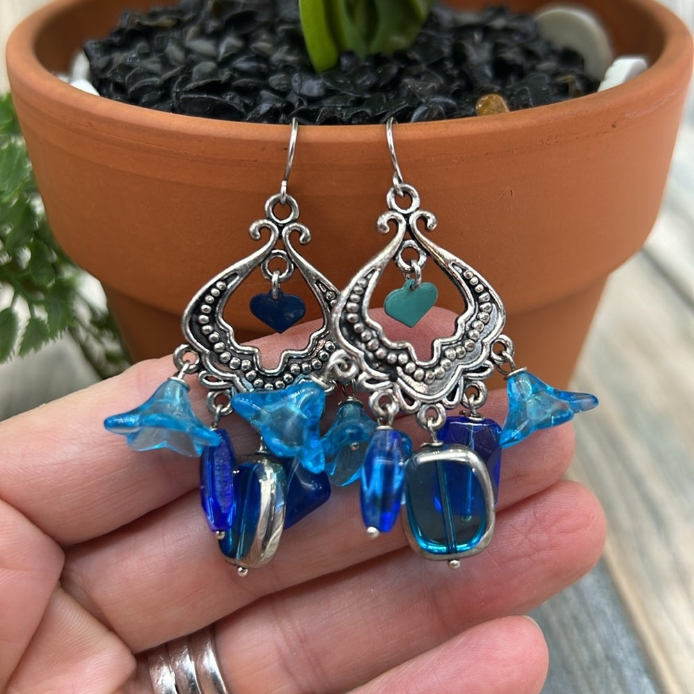 Adorned Crown Assemblage Czech glass Moroccan style shades of blue earrings