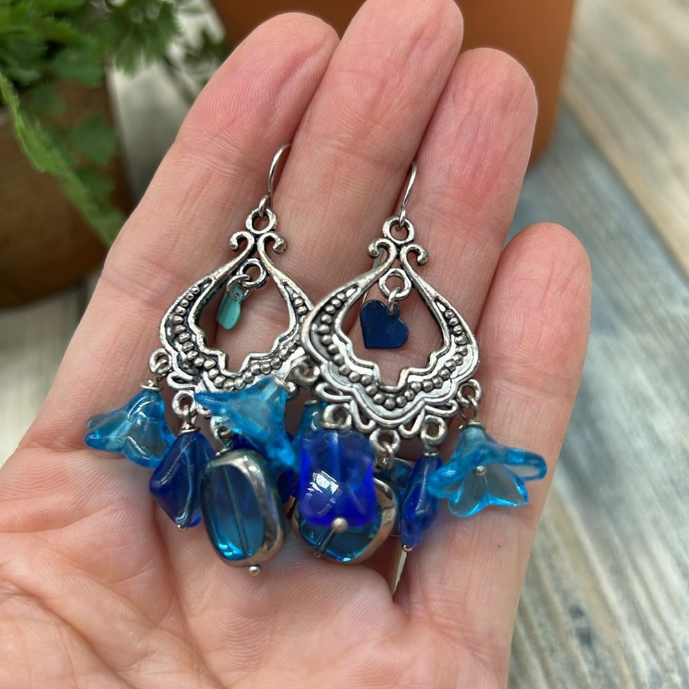 Adorned Crown Assemblage Czech glass Moroccan style shades of blue earrings