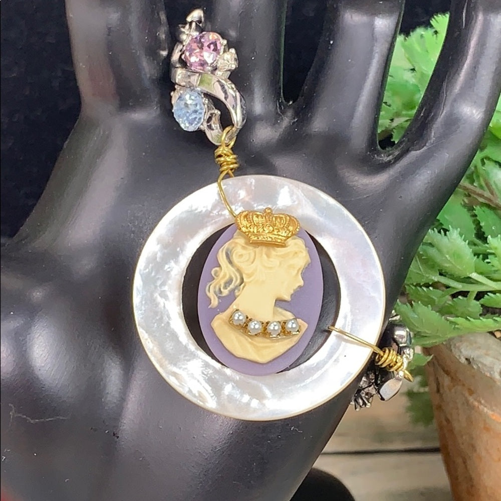 Adorned Crown artisan assemblage purple 
cameo rhinestone bracelet