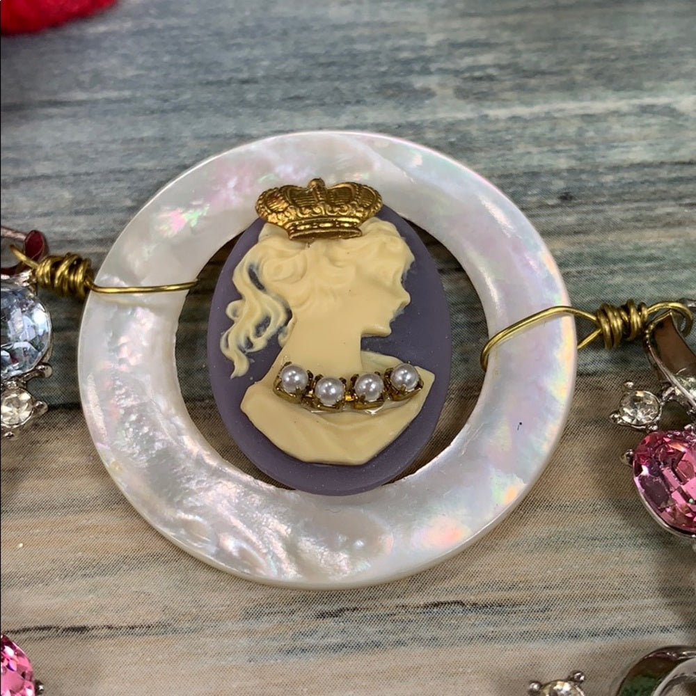 Adorned Crown artisan assemblage purple 
cameo rhinestone bracelet
