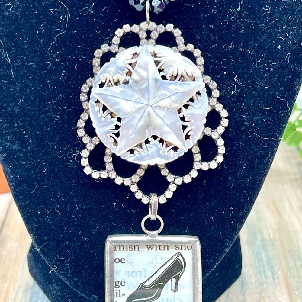 Adorned Crown Jewelry assemblage shoe carved mop star rhinestone necklace