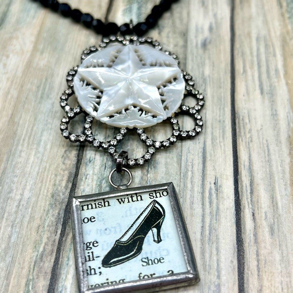Adorned Crown Jewelry assemblage shoe carved mop star rhinestone necklace