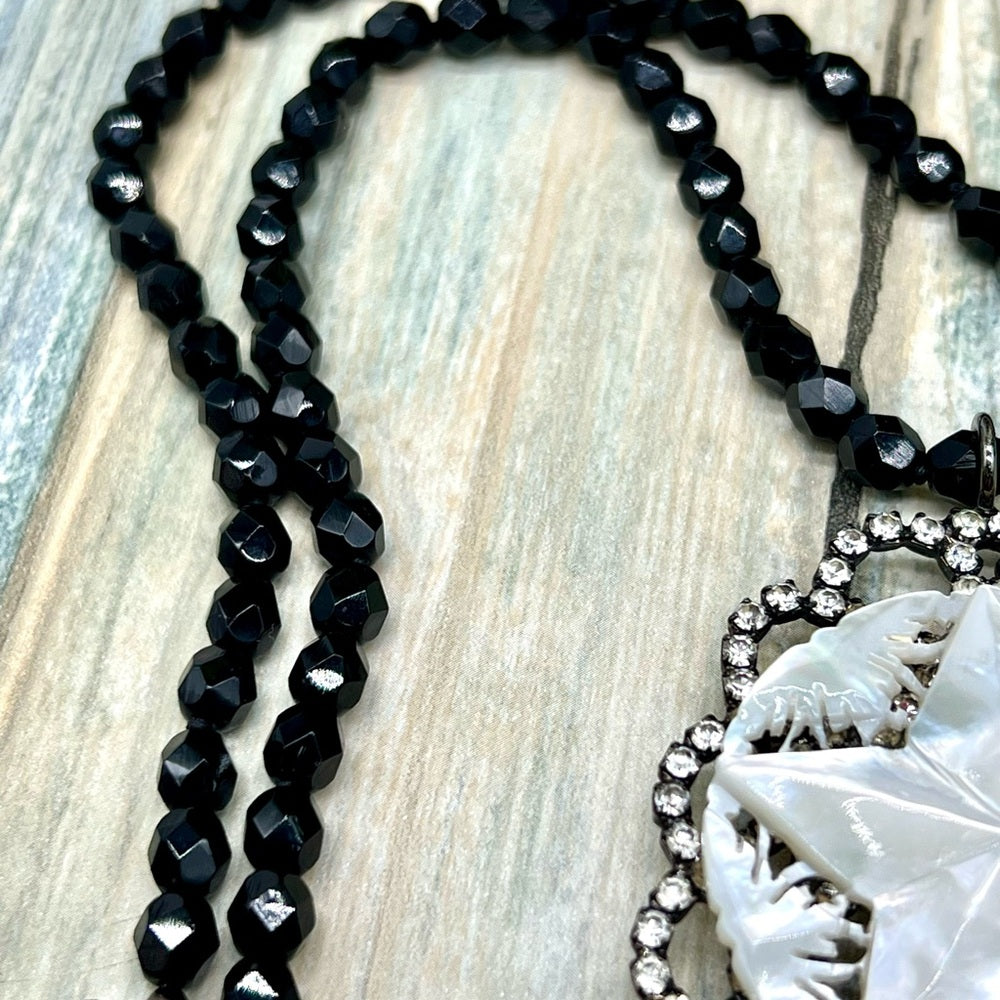 Adorned Crown Jewelry assemblage shoe carved mop star rhinestone necklace