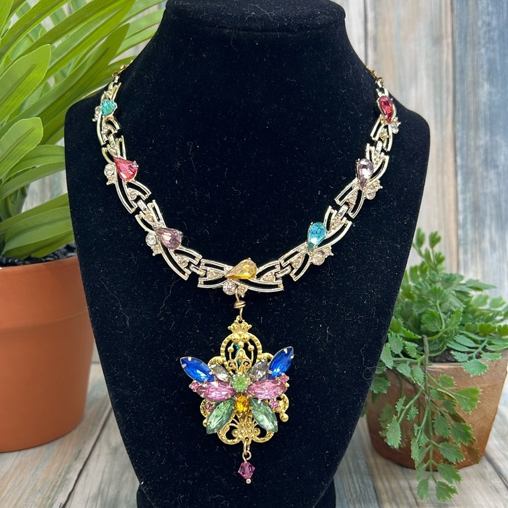 Adorned Crown Jewelry Assemblage rhinestone butterfly gold filigree necklace